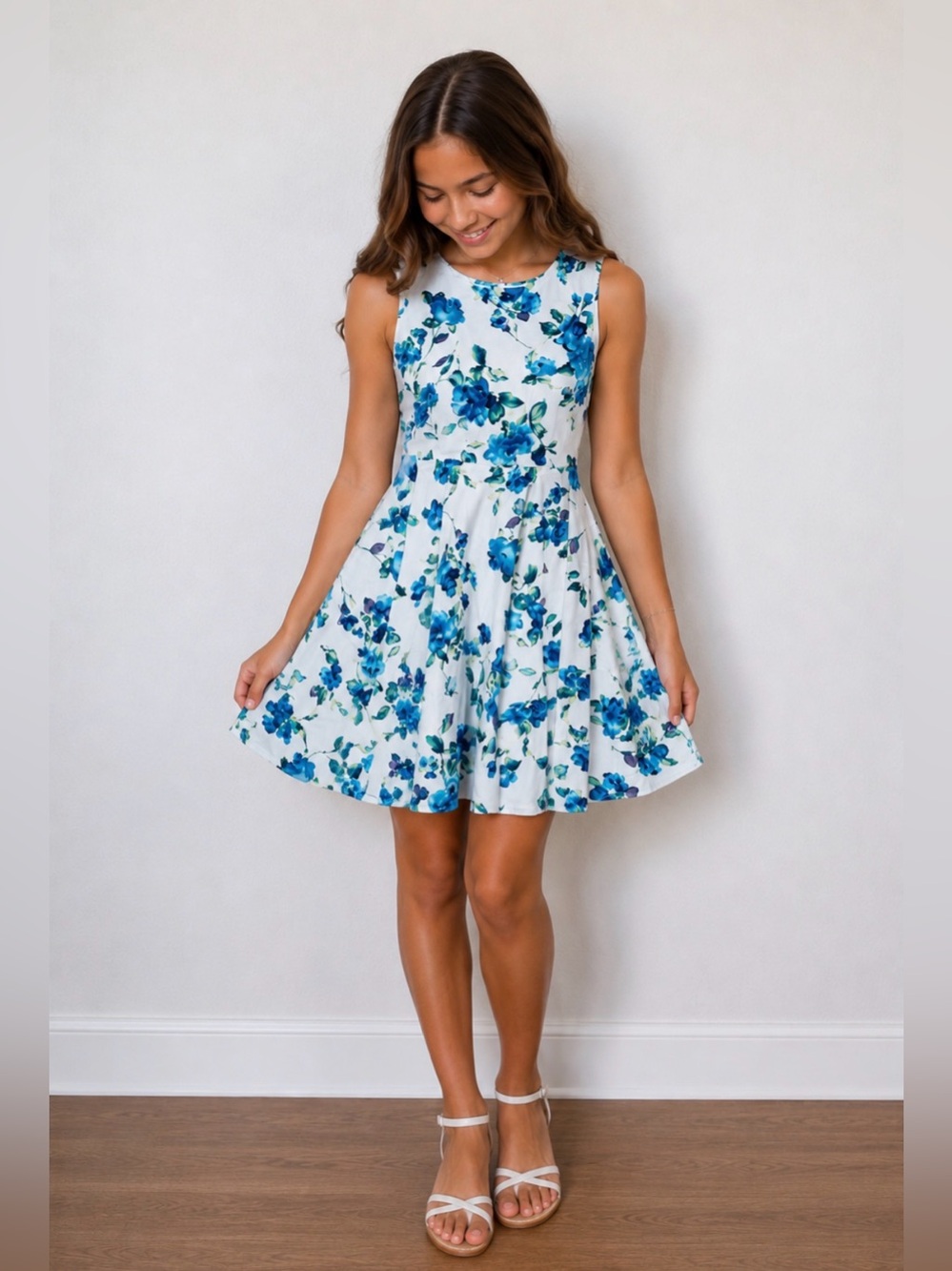 Kate Kasin Girls Blue Teal Floral Sleeveless Fit and Flare Party Dress